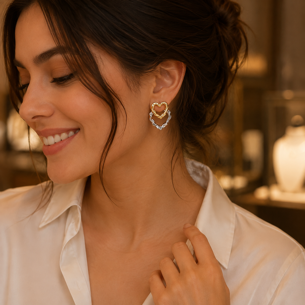Heartelle heart earrings worn on the ear
