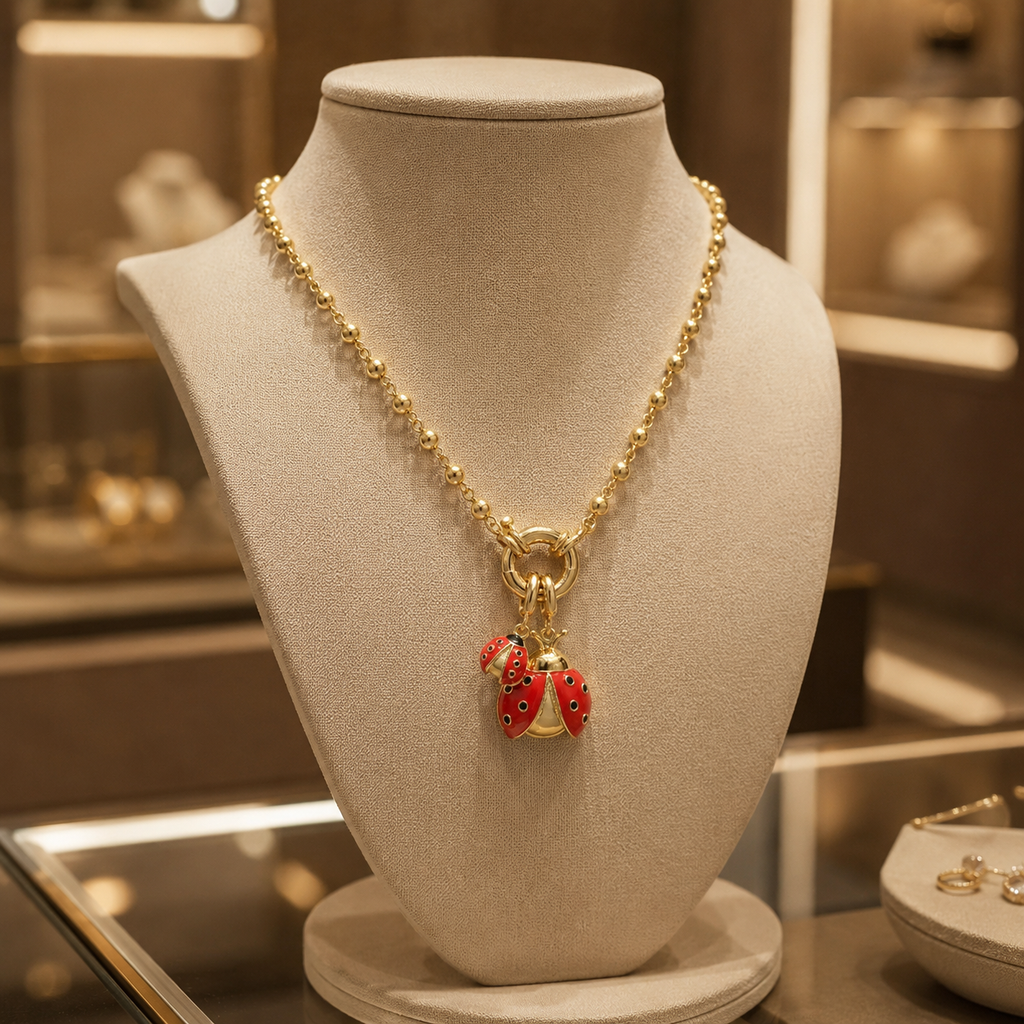 Coccinelle necklace shown flat on a neutral background