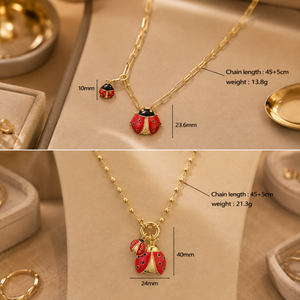Close-up of the enamelled red ladybug pendant on a gold chain