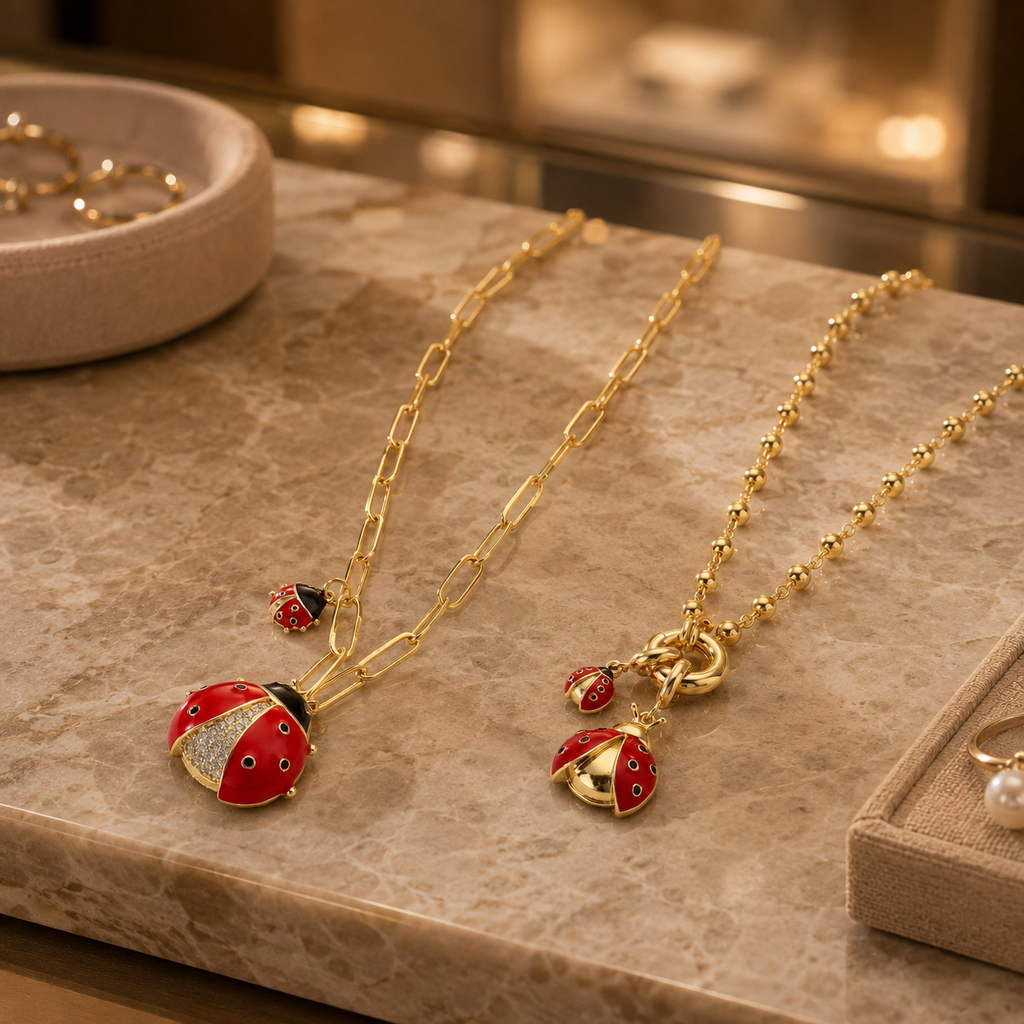Coccinelle ladybug necklace styled with a light outfit